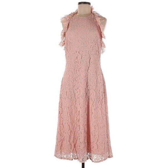 NWT NANETTE LEPORE Plus Sz 16 LACE HALTER MIDI DRESS RUFFLE NECK BLUSH PINK - Picture 2 of 6